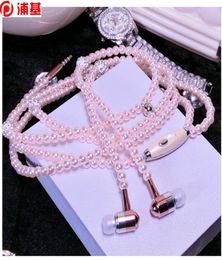 New Pink rhinestone Jewellery Pearl Necklace Earphones With Microphone Earbuds for iphone Xiaomi Brithday Gift6963619