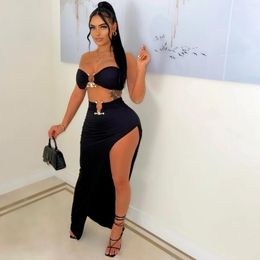 Work Dresses LFRVZ 2023 Top Quality Young Sexy Club Solid Strapless Sleeveless Sweet High Waist Long Spit Pencil Skirts Women 2 Piece Set