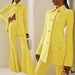 Yellow Women Suits Custom Made Office Lady Fashion Long Sleeve V Neck Slim Fit Blazer Wide Leg Pants 2 Pieces