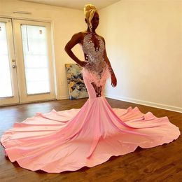 2024 Pink Feathers Satin Prom Dresses Silver Diamond Crystal Black Girl Pageant Birthday Dresses Evening Formal Dress robe de bal