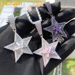 Pendant Necklaces Iced Out Rotatable Star Pendants Silver Plated Rectangle CZ Cubic Zirconia Multi Layers Spinning Charm Hiphop Men Women Jewellery 231102