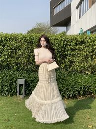 Women's o-neck half short sleeve knitted crop top and elastic waist cake layered lace ball gown skirt 2 piece dress suit SM