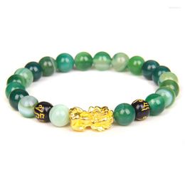 Charm Bracelets Green Striped Agates Beads Bracelet Feng Shui Pixiu For Women Men Multicolor Chalcedony Wristband Wealth Good Luck