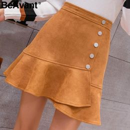 Skirts BeAvant Elegant Ruffle Short Suede Womens Button High Waist Bodycon Mini Skirt Plus Size Casual Trumpet Winter 2023