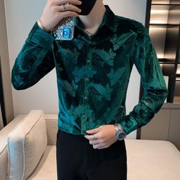 Men's Casual Shirts Luxury Velvet For Men 2023 Long Sleeve Slim Business Dress Shirt Social Party Tuxedo Camisa Masculina Man ClothingMen's