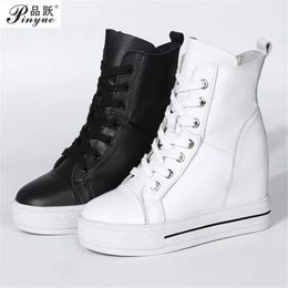 Dress Shoe Genuine Leather 8cm Hidden Wedge Sneakers Platform High Heels Woman Casual White Trainer 231102