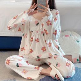 Women's Sleepwear Three Piece Spring Women Pyjamas Set Print Lingerie Casual Pijamas Sleep Suit Long Sleeve Nightwear Home Clothes