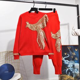 Damen Zweiteilige Hose Stickerei Pailletten Phoenix Rot Strickanzüge Herbst Pullover Pullover Top Lose Lässige Harem Zweiteiliges Set