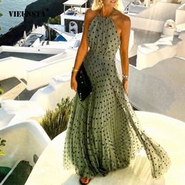 Women's Swimwear Fashion Sexy Halter Print Pleated Long Dress Women Sweet O Neck Beach Cover-Ups Robe Summer Sleeveless Casual Boho Maxi Sundress 230403