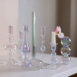 Candle Holders Iridescent Glass Home Decor Nordic Rainbow Vase Flower Table Living Room Decoration stick for Wedding 230403