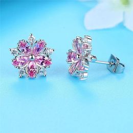 Stud Earrings Crystal Female Pink Zircon Stone Fashion Silver Color Wedding Jewelry Cute Small Flower For Women