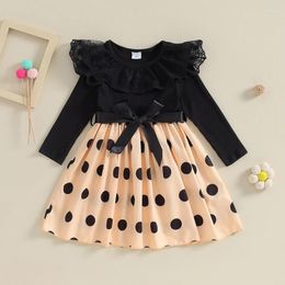 Girl Dresses 4-7Y Girls Ribbed Princess Dress Kids Lace Patchwork Long Sleeve Belt Party Autumn Spring Sweety Dot Print