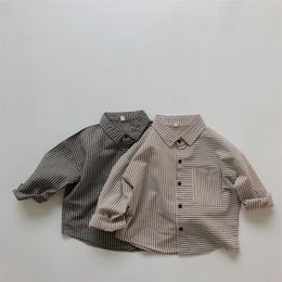 Kids Shirts Autumn Boys' Striped Shirt Korean Children's Casual Cotton Linen Shirt Children's Top 230403
