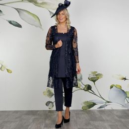 Black Lace Mothers Pant Suits With Long Sleeves Jacket Wedding Guest Dress Square Neck 3 Pieces Plus Size Mother Of Bride Dresses