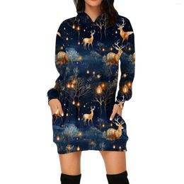 Casual Dresses Elegant Elk Reindeer Women Hoodie Mini Dress Loose Red Christmas Ladies Long Sleeve Pocket Hooded Sweatshirt