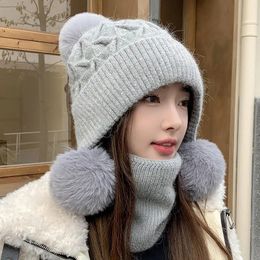 Beanie/Skull Caps Autumn Winter Ladies Knitted Hat Women Leisure Style Solid Female Bonnet Riding Caps Sets Tie Up Ear Protection Hats 231102