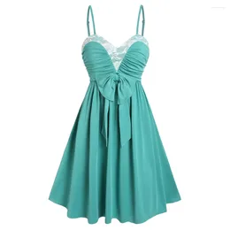 Casual Dresses Floral Lace Insert Bowknot Cinched Dress Green Colour Women Spaghetti Strap Flare Cute Robe For Summer Garden Party