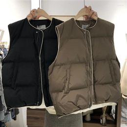 Women's Vests Black Down Coats Loose Chalecos Para Mujer Cotton Contrasting Zipper Vest Waistcoat Women Pocket Parkas Top