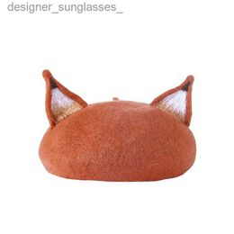 Berets New Retro Women's Cute Fox Ear Woolen Beret Cs Real Wool Casual Warm Painter Hat Handmade Nick Cat Ear Beret Hat Hot Gift RHL231103