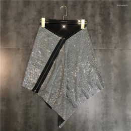 Skirts Online Celebrity Fashion 2023 Autumn Shining High-temperature Drilling Heavy Industry Oblique Zipper Irregular Skirt