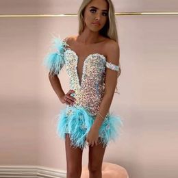 Cocktail Dress Prom Party Gown Plus Size Zipper New Custom Sleeveless Graduation Straight Above Knee Mini Sweetheart Feather Beaded Sequined Applique Lace Up