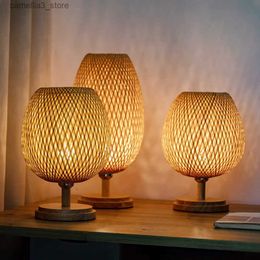 Desk Lamps Modern Hand Knitted Weaving Bamboo Table Lamp Bedroom Bedside Lamp Wood Rattan Lampshade Room Home Decor Art Desk Light Q231104