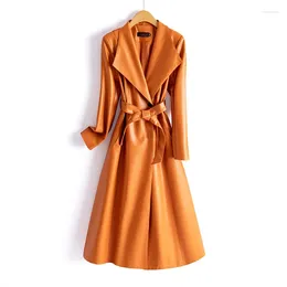 Women's Leather Spring Autumn Long Orange Brown Black Soft Faux Trench Coat For Women Belt Skirted Elegant Luxury Fashion 5XL