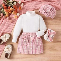 Clothing Sets CitgeeAutumn Kid Girl Fall Outfit Solid Ribbed Long Sleeve Turtleneck Tops Plaid Skirt Beret Clothes Set