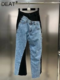 Women's Jeans DEAT Retro Spliced Knitted Cotton High Waist 2023 Autumn Fashion Zippers Buttons Pocket Denim Pant Female 11XX6602 231102
