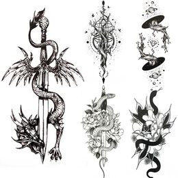 Temporary Tattoos Black Dragon King Temporary Tattoo For Men Women Tree Snake Flower Tattoos Waterproof Unique Sword Flash Fake Tatoos Armbands Z0403