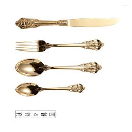 Dinnerware Sets Fine Dining Knife And Fork In Solid 304 Relief Patterned Court Stainless Steel Gold Plated