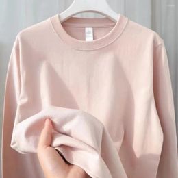 Women's T Shirts Comfy Autumn Winter O-Neck Solid Cotton 200g Heavy Combed Loose Fit Long Sleeve Tee Top Pink/Oat Pink Oversize T-shirt