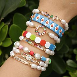 Strand 5 Pcs/lot Natural Real Pearl Beaded Bracelet With Charm Heart Paved Gold Colour Connector For Woman Girl Jewellery Gift