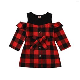 Girl Dresses Kid Baby Dress Long Sleeve Off Shoulder Plaid Fake-2-Piece High Waist Casual Party Belt 18M-6T