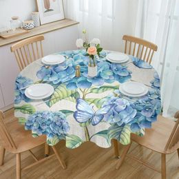 Table Cloth Summer Flowers Hydrangeas Butterflies Round Tablecloth Waterproof Cover For Wedding Party Decoration Dining