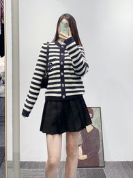 Sandro Ruffle Collar Letter Embroidered Stripe Knitted Cardigan Coat