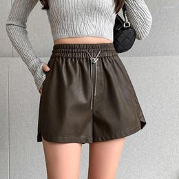 Women's Shorts 2023 Women Autumn Winter PU Leather Female Solid Colour Ladies High Waist Loose Wide Leg U515