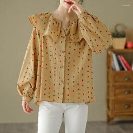 Women's Blouses Printed Shirts For Women Doll Collar Vintage Oversized Cardigans Long Sleeved Casual Blouse Loose Fit Korean Fashion Tops