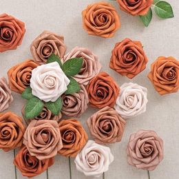 Decorative Flowers D-Seven Artificial 25PCS Burnt Orange Ombre 5 Color Mixed Foam Roses With Stem For DIY Wedding Bouquets Baby Shower