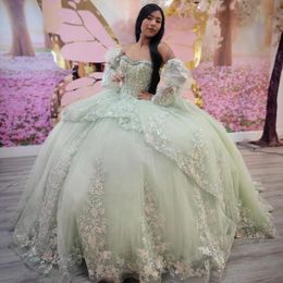 Mint Green Sweetheart Shiny Quinceanera Dresses Sweet 15 Gowns Appliques Lace Bead Vestidos De Quinceanera