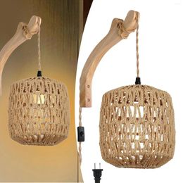 Wall Lamp Sconce Adjustable Cord Mounted Boho Handwoven Lampshade For Bedside Indoor Kitchen Island Office Porch