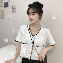 Women's knit Shirts V-neck Knitwear Crop Tunic Short Blouses Sleeve Summer Korean Style Panelled Open Front All-match Leisure Daily Cardigan thin coat woven top