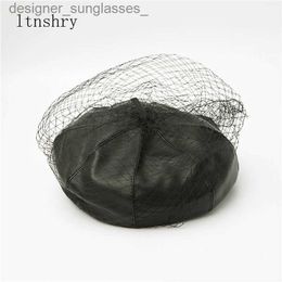 Berets 2022 New spring summer Black Hat Chic Leather French Beret With Veil Mesh Show Double Layer Women Beret Beanies CL231103