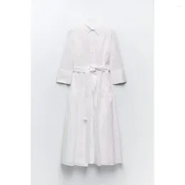 Casual Dresses Early Autumn Fashion Women's Temperament Lady Style Lapel Mid-length Sleeve White With Belt Hollow Embroidery Dress