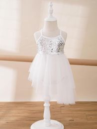 Girl Dresses Kids Girls Shinny Sequins Irregular Tulle Ballet Dance Dress Sleeveless Soild Colour Gymnastics Leotard For Stage Performance