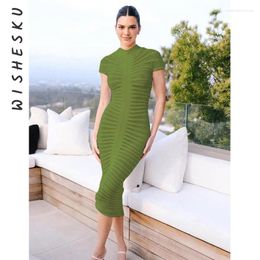 Casual Dresses Sexy O Neck Short Sleeve Ruched Midi Dress Women Knitted See Through Beach Cover Up 2023 Spring Fall Luxury Fairy Birthday