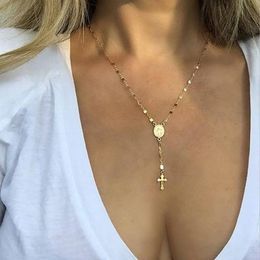 New Vintage Gold Rose Gold Christian Cross Bohemia Religious Rosary Pendant Necklace for Women Charm Jewelry Gifts253a