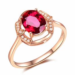 Cluster Rings 18k Rose Gold Color Red Crystal Ruby Gemstones Diamonds For Women Chic Jewelry Bague Bijoux Fashion Party Gifts Accessory
