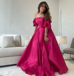 Elegant Rose Pink A-line Prom Dress Sexy Puffy Sleeve Off the Shoulder Taffeta Birthday Gowns Formal Evening Dresses Robe De Soiree