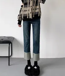Women's Jeans High-waisted Straight Leg Loose 2024 Autumn/Winter Plus Fleece Vintage Nine-quarter Roll-up Pipe Pants Y2k